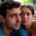 **

A close-up shot of two friends sitting at a café in Amsterdam. One friend has slumped shoulders and a worried expression. The other friend is leaning forward, making eye contact, with a concerned but supportive expression. The background is blurred, suggesting a busy, typical Amsterdam café scene with bicycles and canals in the distance. The overall tone should be empathetic and capture the "invisible thread" of emotional connection.

**