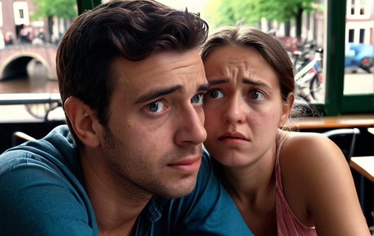 **
A close-up shot of two friends sitting at a café in Amsterdam. One friend has slumped shoulders and a worried expression. The other friend is leaning forward, making eye contact, with a concerned but supportive expression. The background is blurred, suggesting a busy, typical Amsterdam café scene with bicycles and canals in the distance. The overall tone should be empathetic and capture the "invisible thread" of emotional connection.
**
